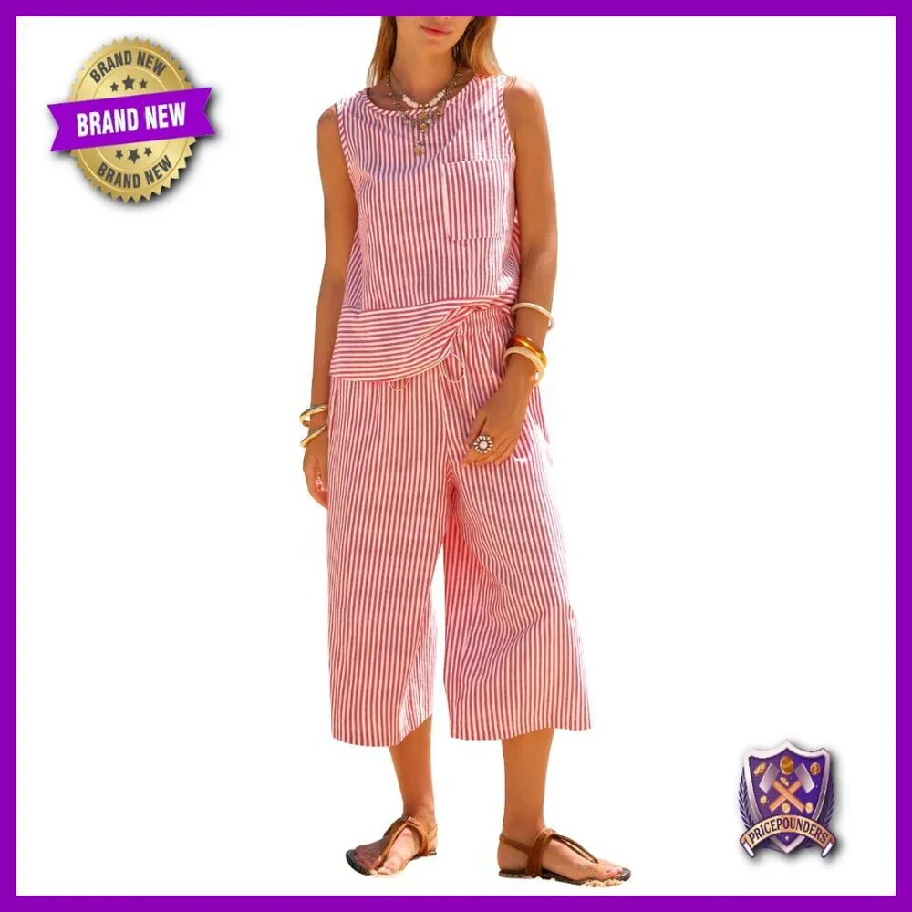 Striped Sleeveless Top & Wide Leg Capri Pants Set Faux Linen Summer Outfit